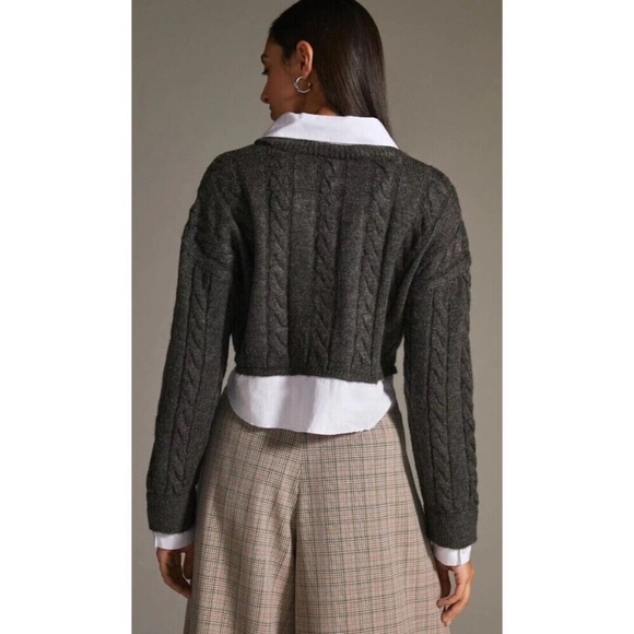 Anthropologie Pilcro Women’s Cropped Cable-Knit Twofer Sweater Gray White Sz S - Picture 3 of 13